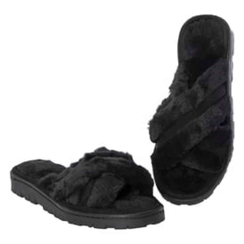 Ladies Cross-Strap Faux Fur Slippers