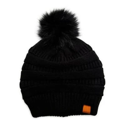 Ruched Knit Beanie With Faux Fur Pom
