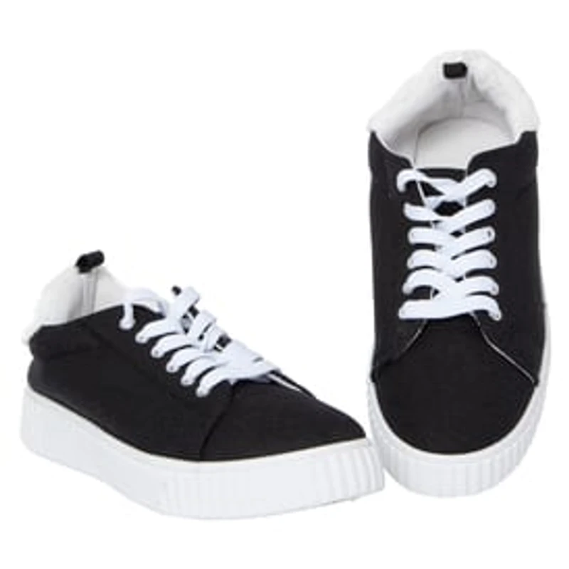 Ladies Black & White Sneakers With Faux Fur Trim