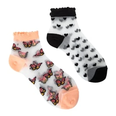 Ladies Sheer Butterfly Quarter Crew Socks 2-Pack