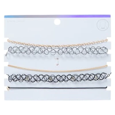 Gold Chain & Black Tattoo Choker Necklaces Set, 5-Piece