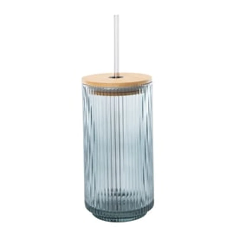 Ribbed Glass Tumbler With Bamboo Lid 20oz