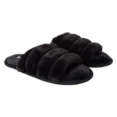 Ladies Ribbed Faux Fur Slide Slippers