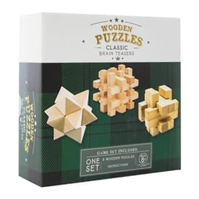 Wooden 3D Puzzles Classic Brain Teasers Set 3-Count