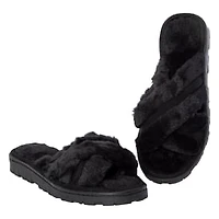 Ladies Cross-Strap Faux Fur Slippers