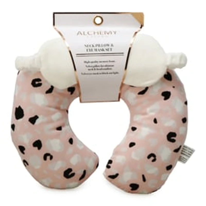 Animal Print Velvet Memory Foam Neck Pillow & Eye Mask Set