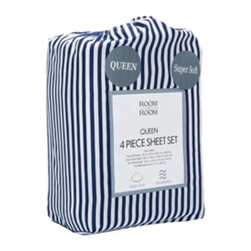 Queen Size 4-Piece Sheet Set - Navy Stripe