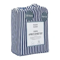 Queen Size 4-Piece Sheet Set - Navy Stripe
