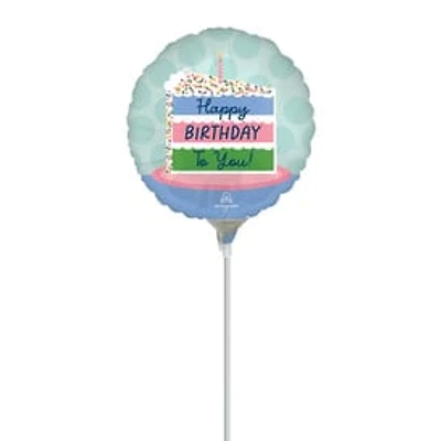 Happy Birthday Cake Pre-Inflated Stick Balloon 9in