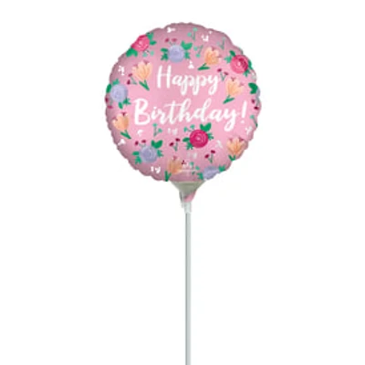Happy Birthday Peony Pre-Inflated Stick Balloon 9in