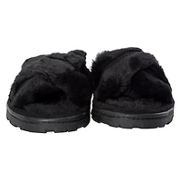 Ladies Cross-Strap Faux Fur Slippers