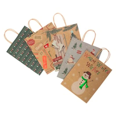 Medium Holiday Kraft Gift Bags 7in x 9in 5-Pack - Classic