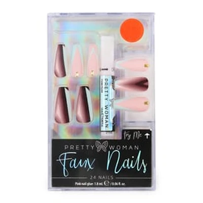 Pretty Woman Faux Nails 24-Piece Set With Nail Glue - Modern Pink/Brown/Teal