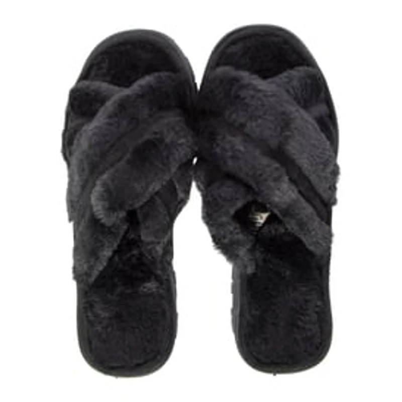 Ladies Cross-Strap Faux Fur Slippers