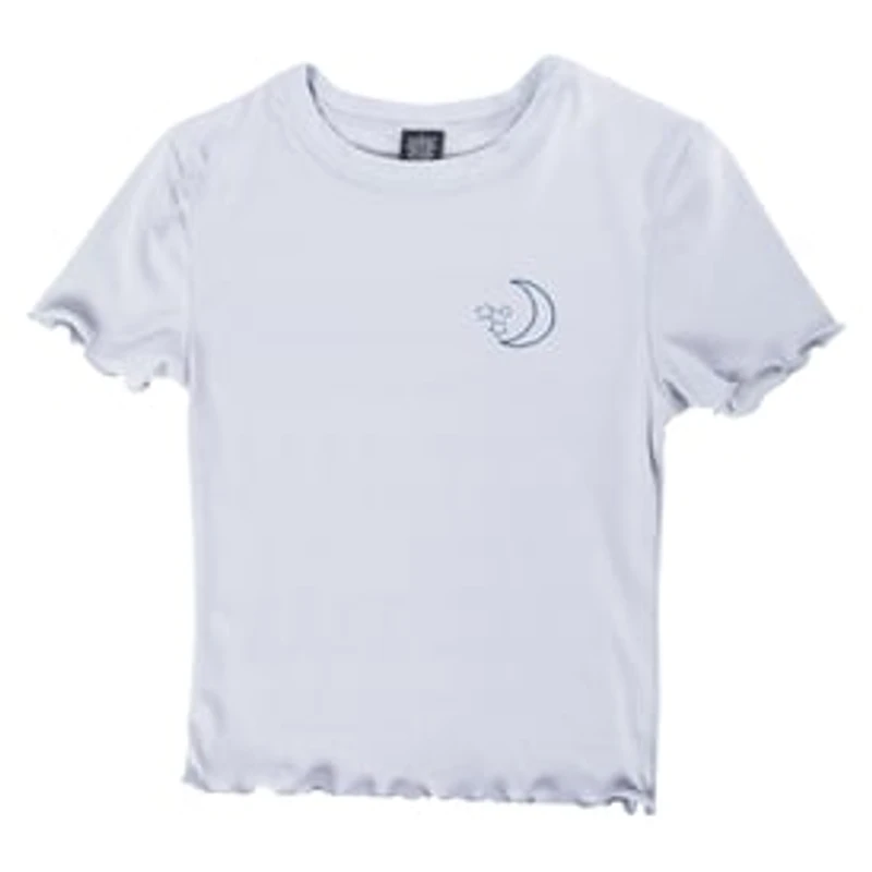 Juniors Embroidered Celestial Tee With Lettuce Hem