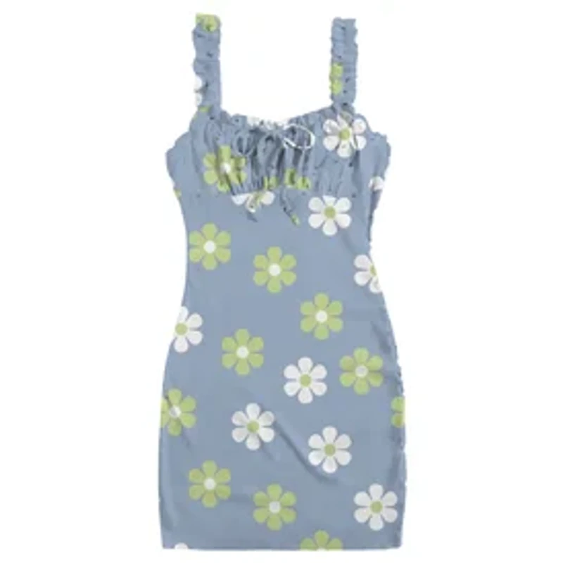 Retro Floral Ruched Bust Bodycon Dress