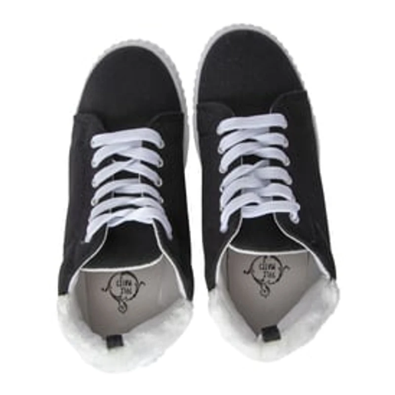 Ladies Black & White Sneakers With Faux Fur Trim