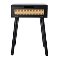 Wooden Side Table With Rattan Cane Accent 20in x 13.58in