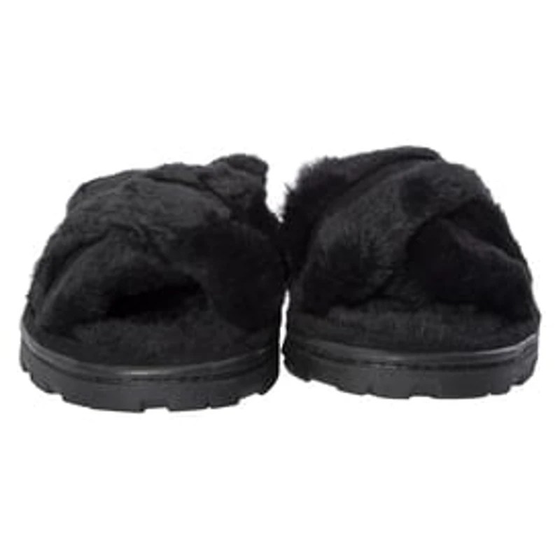 Ladies Cross-Strap Faux Fur Slippers