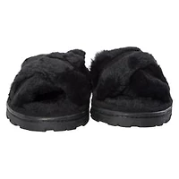 Ladies Cross-Strap Faux Fur Slippers