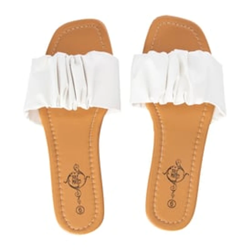Ladies Scrunch Strap White Slide Sandals
