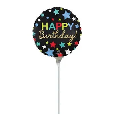 Happy Birthday Stars Pre-Inflated Stick Balloon 9in
