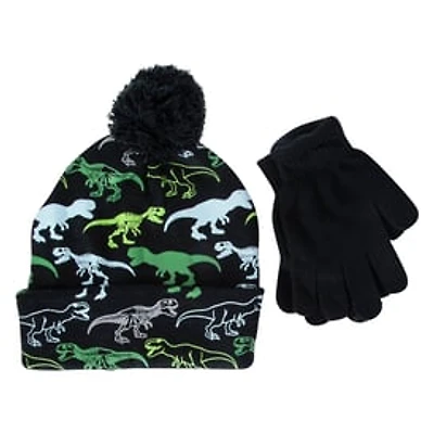 Kid's Dinosaur Print Winter Hat & Glove Set