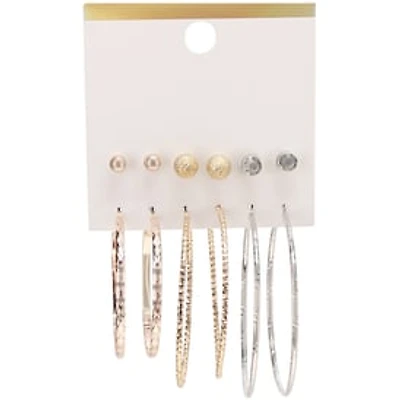Gold & Silver Earrings 6-Pair Set w/ Studs & Hoops