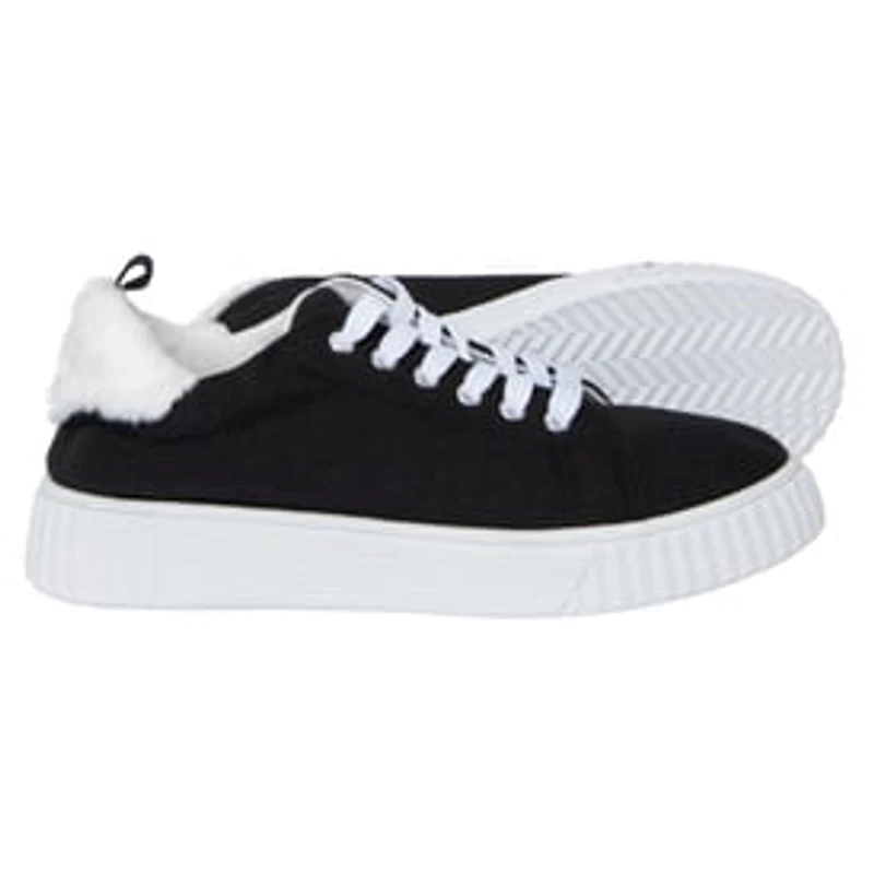 Ladies Black & White Sneakers With Faux Fur Trim