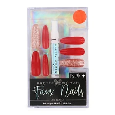 Pretty Woman Faux Nails Set - Red & Gold Glitter