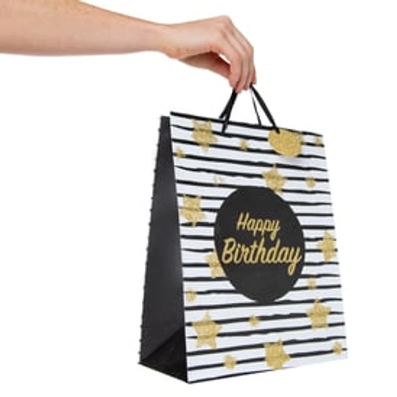 Large Gold Glitter Happy Birthday Gift Bag 10in x 12in