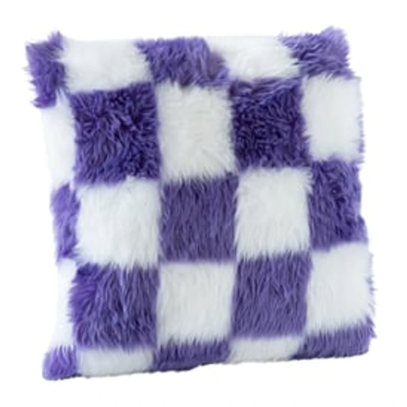 High Pile Faux Fur Pillow 16in - Purple Checkered