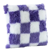 High Pile Faux Fur Pillow 16in - Purple Checkered