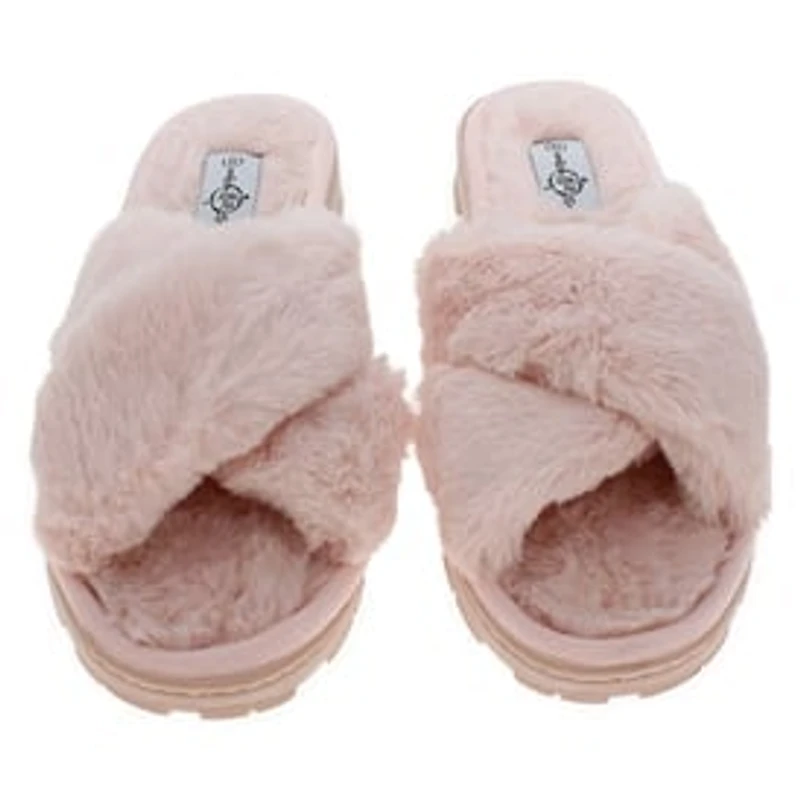 Ladies Faux Fur Slide Sandals - Blush Pink