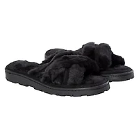 Ladies Cross-Strap Faux Fur Slippers