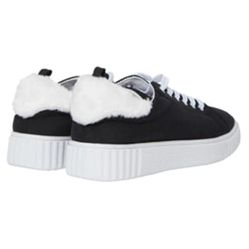 Ladies Black & White Sneakers With Faux Fur Trim