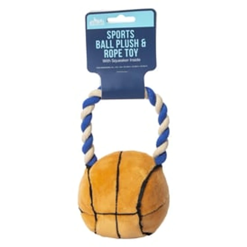Sports Ball Plush & Rope Dog Squeaker Toy