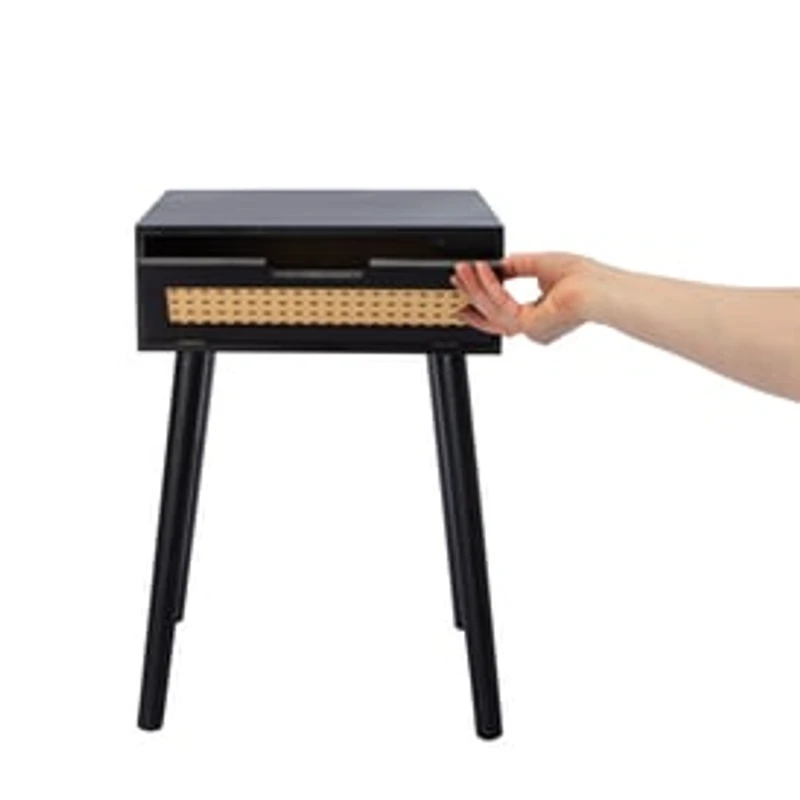 Wooden Side Table With Rattan Cane Accent 20in x 13.58in