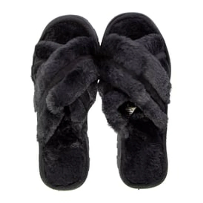 Ladies Cross-Strap Faux Fur Slippers