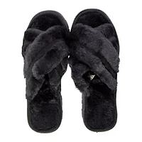 Ladies Cross-Strap Faux Fur Slippers