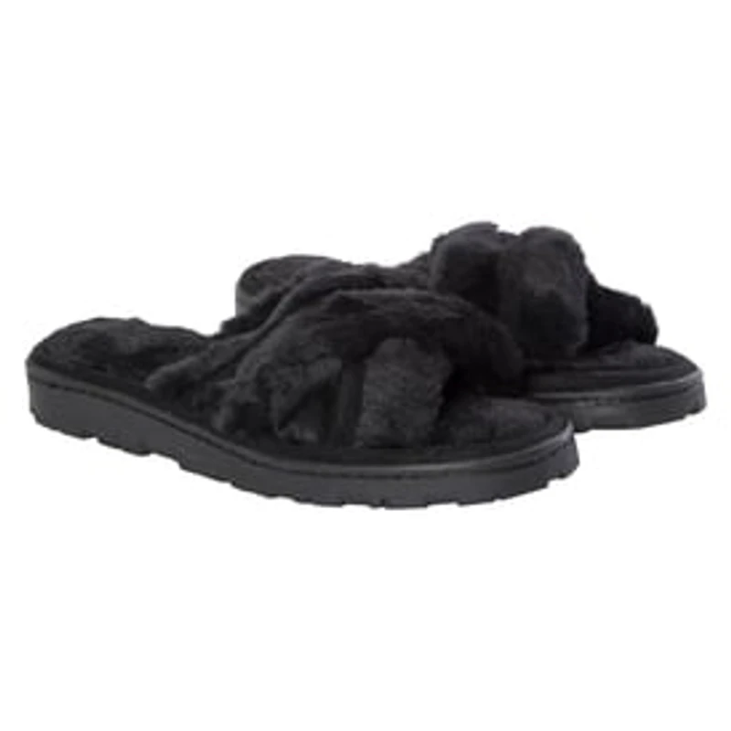 Ladies Cross-Strap Faux Fur Slippers