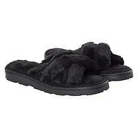 Ladies Cross-Strap Faux Fur Slippers