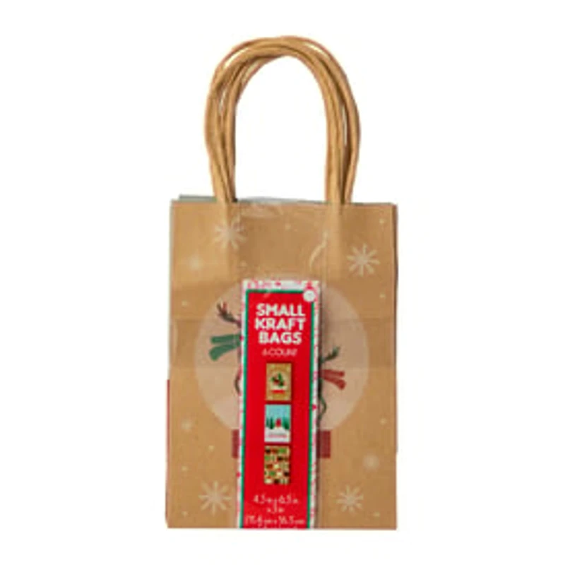 6-Pack Small Holiday Kraft Gift Bags 4.5in x 6.5in