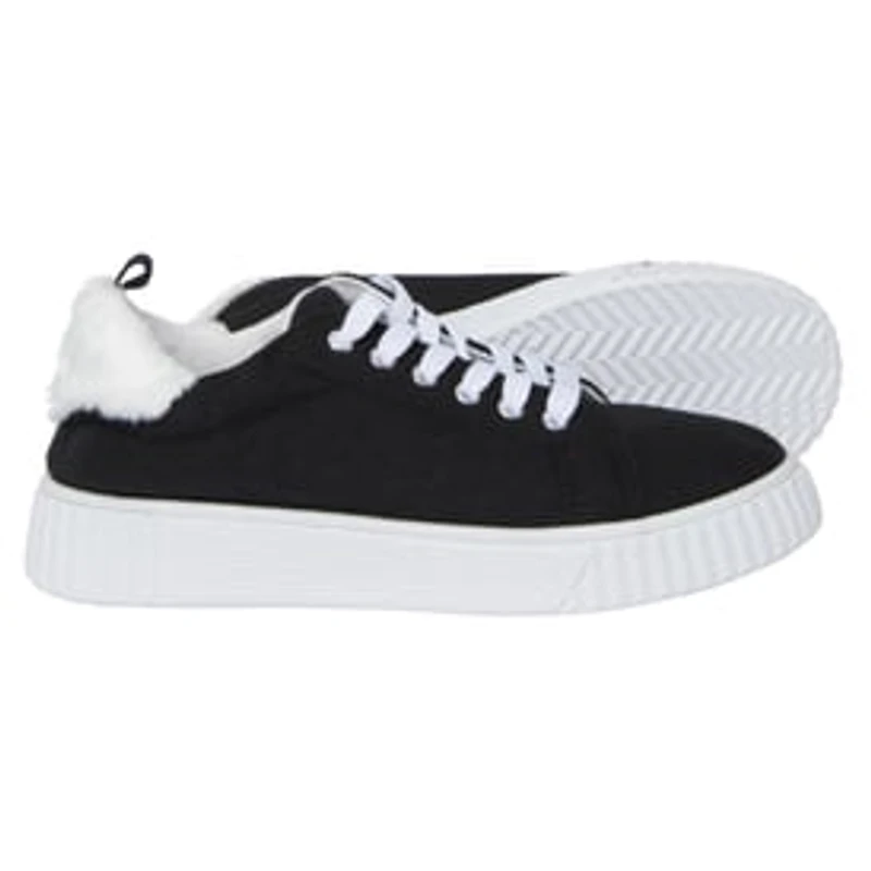 Ladies Black & White Sneakers With Faux Fur Trim