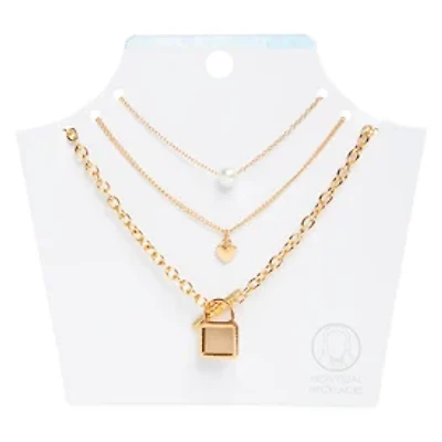 Lock & Heart Layer Necklaces 3-Pack