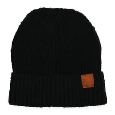 Brushed Rib Knit Beanie Hat With Corner Patch