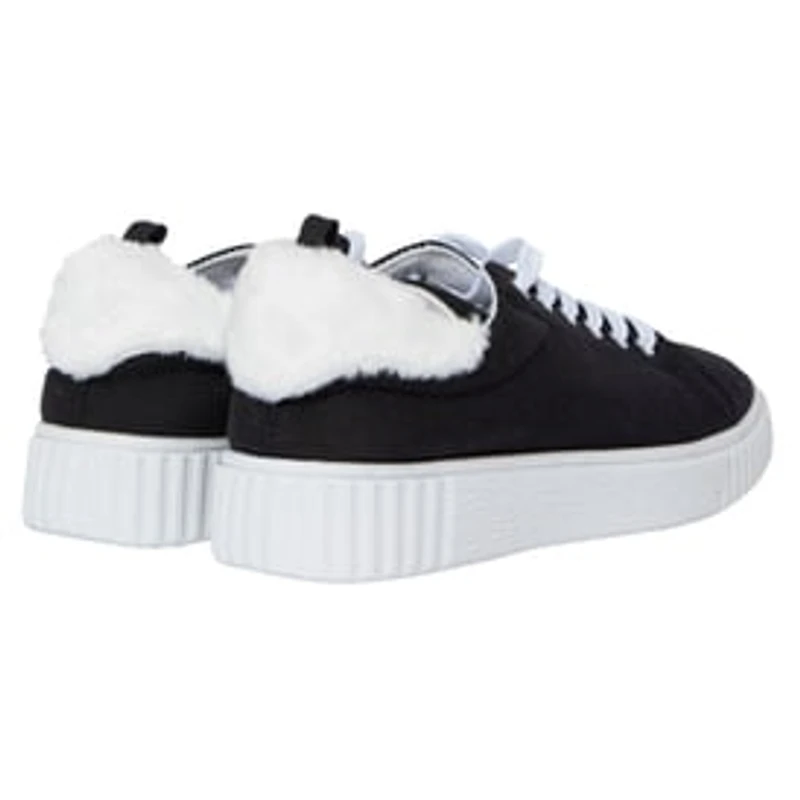Ladies Black & White Sneakers With Faux Fur Trim