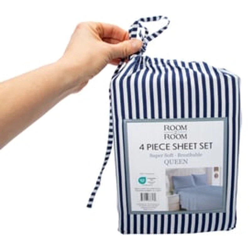 Queen Size 4-Piece Sheet Set - Navy Stripe