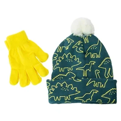 Kid's Printed Pom Beanie Hat & Glove Set