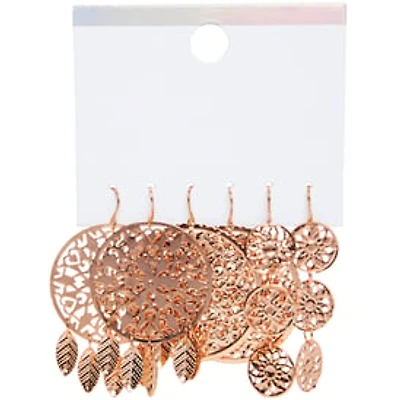 Rose Gold Mandala Dangle Earrings Set, 3 Pairs